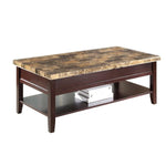 Benzara Faux Marble Lift Top Rectangular Cocktail Table with Chamfered Legs, Brown