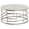 Benzara Faux Marble Top Round Coffee Table with Metal Base, White and Silver