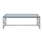 Benzara Glass Top Cocktail Table with Geometric Metal Base, Chrome and Clear