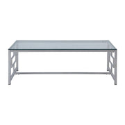 Benzara Glass Top Cocktail Table with Geometric Metal Base, Chrome and Clear