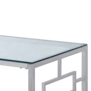 Benzara Glass Top Cocktail Table with Geometric Metal Base, Chrome and Clear