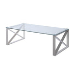 Benzara Glass Top Cocktail Table with X shaped Sled Base, Chrome and Clear