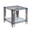Benzara Glass Top Square End Table with Pipe Design Tubular Base, Chrome and Clear