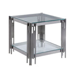 Benzara Glass Top Square End Table with Pipe Design Tubular Base, Chrome and Clear