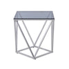 Benzara Glass Top Square End Table with Geometric Metal Base, Chrome and Clear