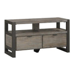 Benzara Rustic 2 Drawer TV Stand with Metal Base and Open Compartments, Dark Gray