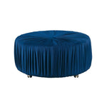 Benzara Round Shaped Pleated Fabric Upholstered Ottoman with Casters, Navy Blue