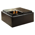 Benzara Square Shape Leatherette Cocktail Ottoman with Removable Tray, Dark Brown