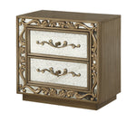 Benzara BM220331 2 Drawer Wooden Nightstand with Floral Metal Pulls and Scrollwork, Gold