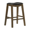 Benzara Wooden Pub Height Bar Stool with Leatherette Saddle Seat, Brown and Black