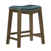 Benzara Wooden Pub Height Bar Stool with Leatherette Saddle Seat, Brown and Green