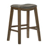 Benzara Wooden Pub Height Bar Stool with Leatherette Saddle Seat, Brown and Gray