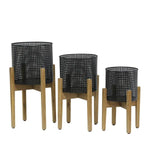 Benzara Transitional Metal Mesh Planter with Wooden Base, Set of 3, Black and Brown