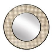 Benzara Metal Frame Wicker Round Mirror with Wooden Backing, Brown and Black