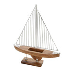 Benzara Coastal Style Wood and Metal Wire Sailboat Figurine, White and Gray