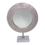 Benzara Hammered Metal Frame Round Standing Mirror with Block Base, Silver
