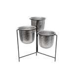 Benzara 3 Conjoined Hammered Metal Planter with Stands, Silver and Black