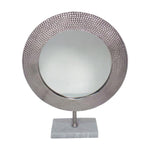 Benzara Hammered Metal Frame Round Standing Mirror with Block Base, Large, Silver