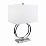 Benzara Rectangular Shade Table Lamp with 2 Metal Circles and Block Base, Silver