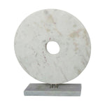 Benzara 8 Inches Marble Disk with Rectangular Base, White