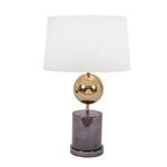 Benzara Tapered Drum Shade Table Lamp with Metal Orb and Marble Base, White and Black