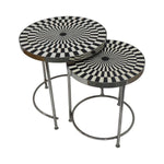 Benzara Round Geometric Top Metal Side Table, Set of 2, Black and White