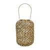 Benzara Cylindrical Rattan Lantern with Metal Frame and Handle,Small,Brown and Gold