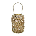 Benzara Cylindrical Rattan Lantern with Metal Frame and Handle,Small,Brown and Gold