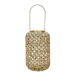 Benzara Cylindrical Rattan Lantern with Metal Frame and Handle,Large,Brown and Gold