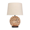 Benzara Metal Table Lamp with Spherical Woven Rattan Body and Fabric Shade, Brown