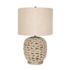 Benzara Fabric Drum Shade Table Lamp with Rope Woven Bellied Frame, Beige