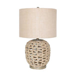 Benzara Fabric Drum Shade Table Lamp with Rope Woven Bellied Frame, Beige