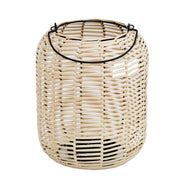 Benzara Woven Wicker Lantern with Round Metal Frame and Handle, Beige and Black