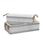 Benzara Plank Style Rectangular Wooden Tray Rope Handle, Set of 2, White