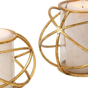 Benzara Metal Candle Holder with Orb Design and Glass Hurricane, Set of 2, Gold