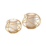 Benzara Metal Candle Holder with Orb Design and Glass Hurricane, Set of 2, Gold