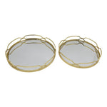 Benzara Round Mirror Tray with Geometric Metal Frame, Set of 2, Gold and Silver