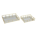 Benzara Rectangular Mirror Tray with Geometric Metal Frame,Set of 2,Gold and Silver