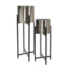 Benzara Round Metal planter with X Shaped Tubular Stand, Set of 2, Silver