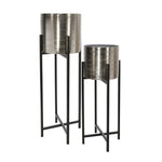 Benzara Round Metal planter with X Shaped Tubular Stand, Set of 2, Silver