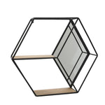 Benzara Hexagonal Shaped Metal Wall Shelf with 2 Display Cases, Black and Brown