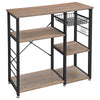 Benzara BM221273 Wooden Bakers Rack with 4 Shelves and Wire Basket, Brown and Black