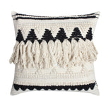 Benzara BM221678 20 x 20 Handwoven Cotton Accent Pillow with Fringe Details, White and Black
