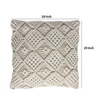 Benzara BM221679 20 x 20`` Handwoven Macrame Cotton Accent Pillow, Off White