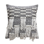 Benzara BM221682 18 x 18 Textured Cotton Accent Pillow with Fringe Details, White and Black