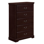 Benzara Transitional Style 5 Drawer Wooden Chest with Metal Drop Pulls, Cherry