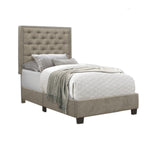 Benzara Fabric Twin Bed with Nailhead Trim Button Tufted Headboard, Taupe Gray