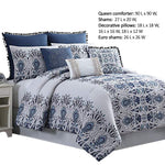 Benzara Constanta 8 Piece Queen Comforter Set with Floral Print ,Blue and White
