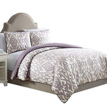 Benzara Skien 3 Piece Queen Duvet Set with Damask Print, White and Purple