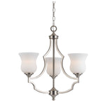 Benzara 3 Bulb Uplight Chandelier with Metal Frame and Glass Shades,Silver and White
